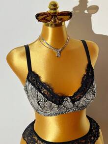 SHEIN Bộ 2 quần lót cỡ lớn in họa tiết động vật, phối ren và da rắn, chất liệu PU, có gọng thép. - Nhiều màu - Xem 6