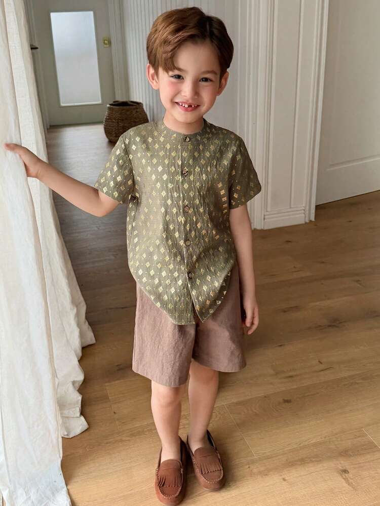 Young Boy Geometric Pattern Short Sleeve Single-Breasted Casual Shirt Summer