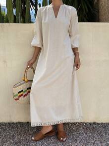 DAZY 优雅派对假日节日复活节圆领蕾丝宽松插肩袖中长连衣裙，女士夏季款 - 卡其色 - 查看 6