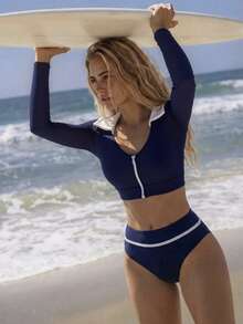 Swim SPRTY Navy & White Contrast Collar Sports Set, Cropped Waist Design, 2 Pieces Outfit - Blue and White - View 2