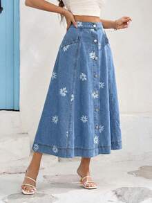 Vivid Eden Nuova gonna di jeans da donna, vita alta, stampa floreale, monopetto, gonna di jeans casual di media lunghezza, blu, gonna casual da vacanza estiva e primaverile per donne - Blu lavato medio - Visualizzare 6