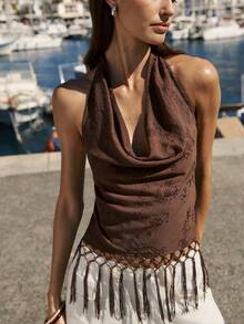 Nöista Top halter marrón con cuello de capucha y bajo con flecos en tela con textura bordada. Estilo bohemio, festival, primavera, verano para mujer. - Café integral - Ver 3