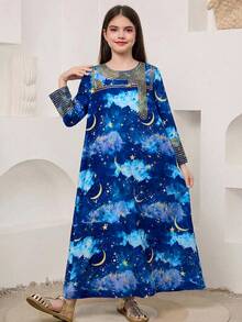 SHEIN Tween Girls' Casual Round Neck Long Sleeve Dress - Navy Blue - View 7
