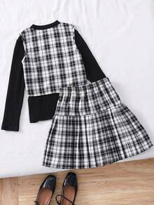 SHEIN 3pcs Girls Sleeveless Buttoned Vest, Turtleneck Ribbed Long Sleeve T-Shirt, And Pleated Skirt With Belt Set - Black and White - View 2