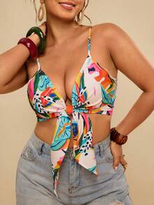 Travachic 大码女式印花褶皱休闲百搭度假吊带背心 - 杏色 - 查看 2