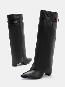 Glitzique Fall/Winter 2025 Spring/Summer New European & American Pointed Toe Tall Boots Women, Slim Fit Straight Leg Shaft Boots, Wedge Heel Riding Boots - Black - View 11