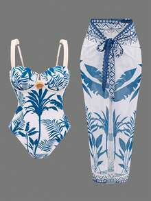 Swim Oasis Women's Sexy Underwire Padded Shell Shaped Coconut Tree Printed One-Piece Swimsuit + Matching Printed Mesh Skirt, Spring/Summer - Multicolor - View 1
