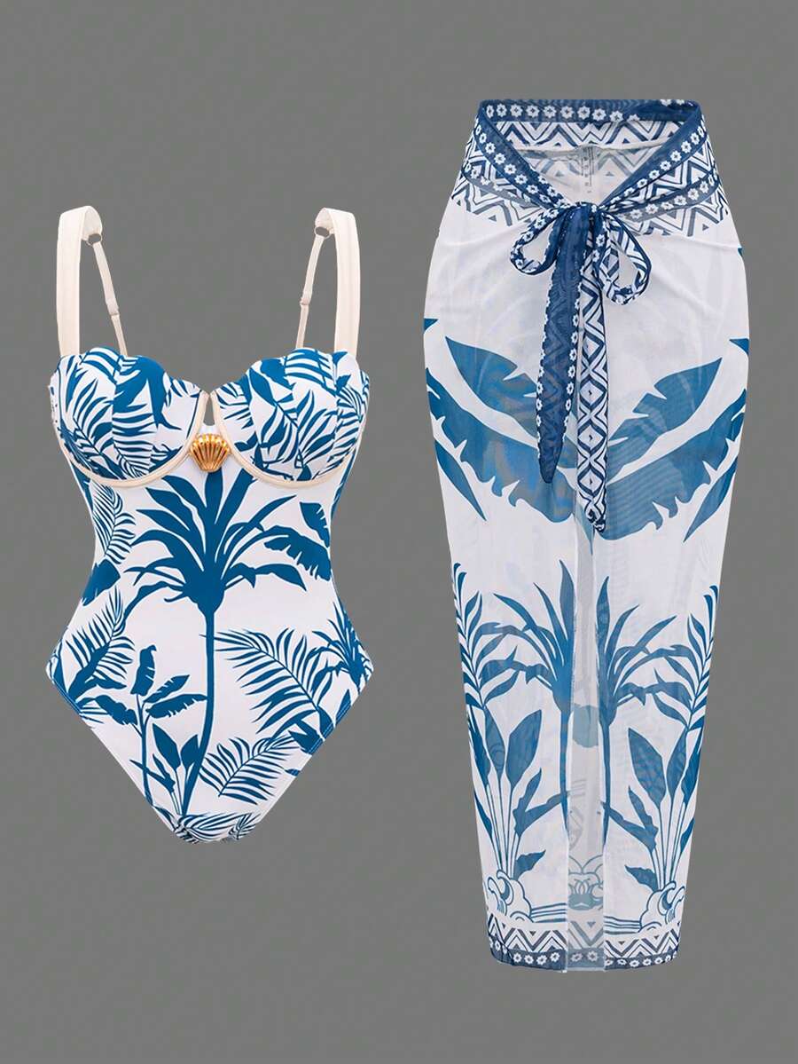 Swim Oasis Women's Sexy Underwire Padded Shell Shaped Coconut Tree Printed One-Piece Swimsuit + Matching Printed Mesh Skirt, Spring/Summer - Multicolor - View 1