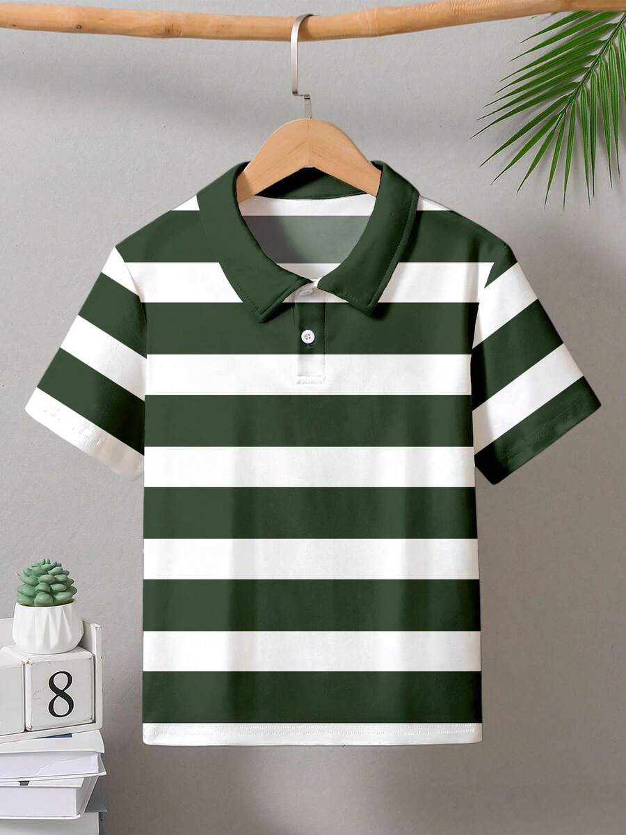Vacaura Tween Boy Casual Daily Collegiate Style Contrast Color Stripe Print Short Sleeve Polo Shirt, Summer - Multicolor - View 1
