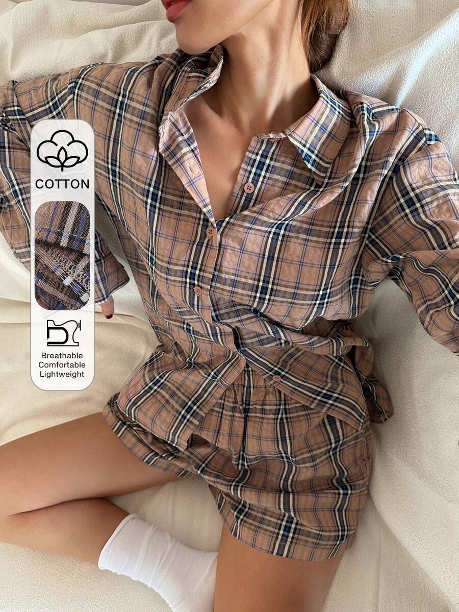 DAZY Conjunto de pijama de camisa holgada y pantalones cortos a cuadros para mujer - Caqui - Ver 1