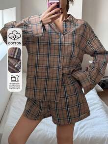 DAZY Conjunto de pijama de camisa holgada y pantalones cortos a cuadros para mujer - Caqui - Ver 4