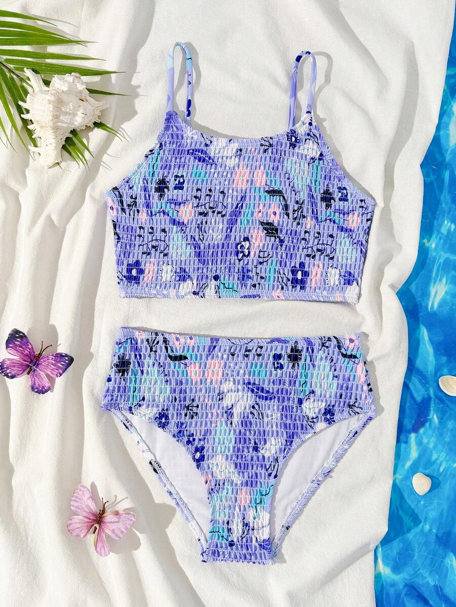 SHEIN 少女比基尼套装，紫色、粉色、蓝色渐变抽象花卉印花，吊带上衣+短裤，两件套，时尚休闲优雅，适合游泳、夏季度假、海滩、泳池、假日派对等场合。青少年全包臀比基尼套装，两件式泳衣，高腰比基尼。