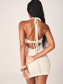MISSGUIDED Women's Halter Cross Front Crochet Knit Mini Dress With Tassel Cut Out Detail Open Back Lace Up Bodycon Summer Party Evening Outfit - Apricot - View 2