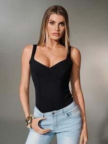 Nuvra Spaghetti Strap V-Neck Fitted Sexy Bodysuit For Women - Black - View 5