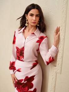 ZEYLAH Camisa básica elegante com estampa, modelagem ajustada, para primavera/verão. - Rosa - Ver 7