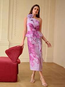 ZEYLAH Women's Elegant Floral Print Peplum Waist One Shoulder Ruffle Decor Party/Date Dress, Summer - Mauve Purple - View 4