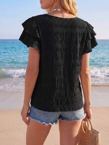 Sylviya Solid Butterfly Sleeve Blouse,Short Sleeve Tops - Black - View 2