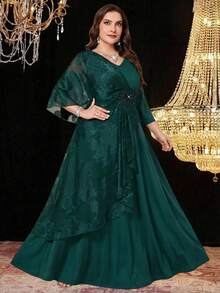 Reflora 大码女式V领拼接贴花网纱优雅连衣裙 - 綠色 - 查看 11