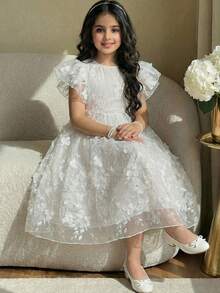 SHEIN 少女白色优雅蕾丝荷叶袖圆领公主裙 - 白色 - 查看 6