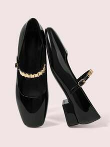 CUCCOO DOLLMOD Women's Buckle Design Patent Leather Elegant Chunky Heel Pumps, Suitable For Daily Commute - Black - View 1