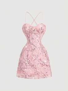 SHEIN MOD 女士亮片刺绣露背吊带迷你连衣裙 - 粉色 - 查看 4