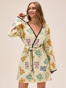 Loomlin Women Cotton Contrast Colour Piping Detail With Cute Bear Plaid Pattern Homewear Long Sleeve Belt Detail Comfort Lounge Robe Women Pajama Robe Pajama Set With Robe Cartoon Pajamas Women Teddy Bear Robe Womens Robe Bear Print Robe - Multicolor - View 6