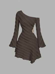 SHEIN MOD Women's Solid Color Asymmetrical Shoulder Metal Decor Elegant Waist Fitted Short Cocktail Dress For Dates & Parties - Coffee Brown - View 7