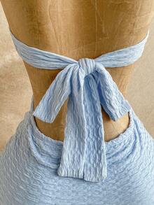 Soleia 新款度假风露背吊带镂空修身荷叶边迷你连衣裙，波西米亚风，度假风，秋季女装，复古风，假日风 - 淺藍色 - 查看 6