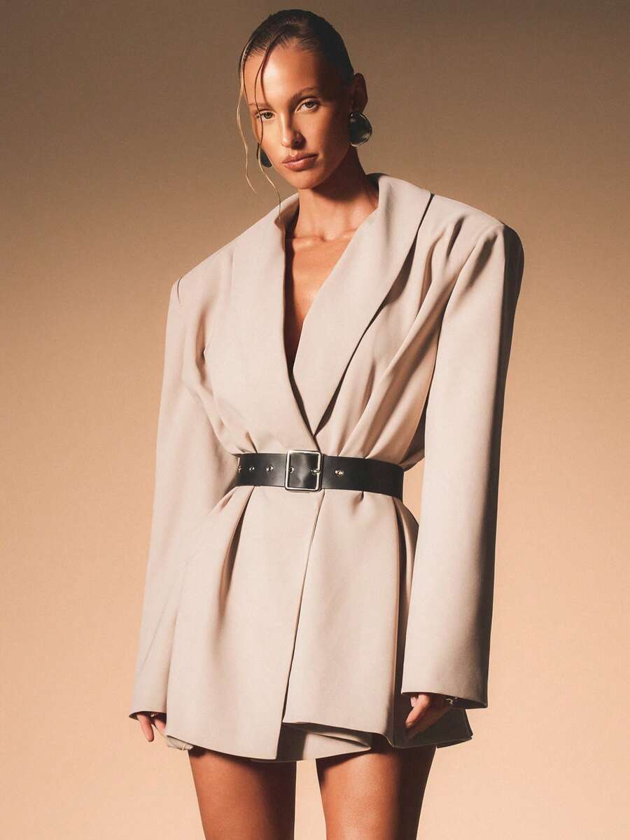 KIZN 女士系带长袖V领迷你西装连衣裙，带纽扣细节，适合工作和鸡尾酒会场合 - 卡其色 - 查看 1