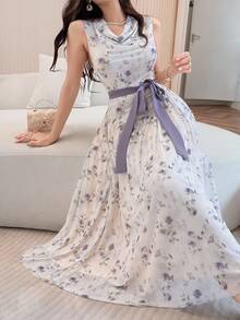 女士优雅印花无袖中长连衣裙，夏季 - 彩色 - 查看 7