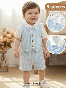 Cozy Pixies Bộ quần áo mùa hè dễ thương cho bé trai gồm 3 món: Áo vest kẻ sọc xanh, quần short, áo sơ mi ngắn tay kèm nơ, thích hợp cho tiệc sinh nhật, lễ rửa tội, lễ kỷ niệm sinh nhật lần thứ nhất, các dịp trang trọng. - Màu xanh lam - Xem 10