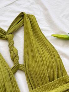 Soleia Bộ đồ liền thân nữ màu xanh lá cây kiểu retro thắt nút xoắn, cổ chữ V khoét sâu, thích hợp cho đi biển, du thuyền, du lịch thành phố, hẹn hò, tiệc trà chiều vào mùa xuân và hè. - màu xanh lá - Xem 5