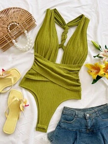 Soleia Bộ đồ liền thân nữ màu xanh lá cây kiểu retro thắt nút xoắn, cổ chữ V khoét sâu, thích hợp cho đi biển, du thuyền, du lịch thành phố, hẹn hò, tiệc trà chiều vào mùa xuân và hè. - màu xanh lá - Xem 3