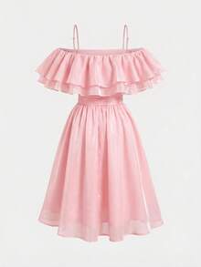 Pitira Pitira Tween Girls' Elegant Pink Ruffle Strap Dress, Summer - Dusty Pink - View 2