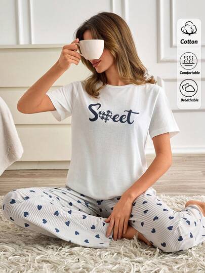 SHEIN Cotton Line Women Heart Printed Black And White Casual Round Neck Top&Long Length Pants 2Pcs Set