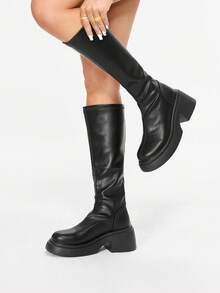 Glitzique 新款厚底粗腿高筒靴，带松紧带，不掉落靴口，秋冬款，女靴 - 黑色 - 查看 5