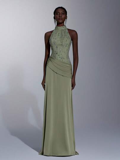 Elitara Elegant, Romantic, Fashionable Green Sequin Embroidered Satin Patchwork Pleated Decor A-Line Long Formal Party Dress, Wedding Guest Dress, Green Dress, Holiday Dress, Bridesmaid Dress