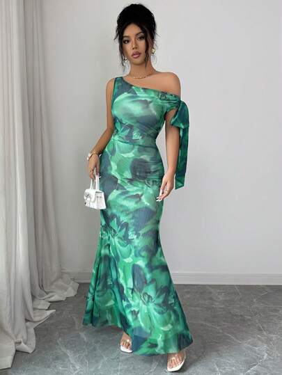 Xyvia Vestido de sirena ajustado con cuello asimétrico, lazo de cinta larga y estampado aleatorio para mujer en verano sin mangas