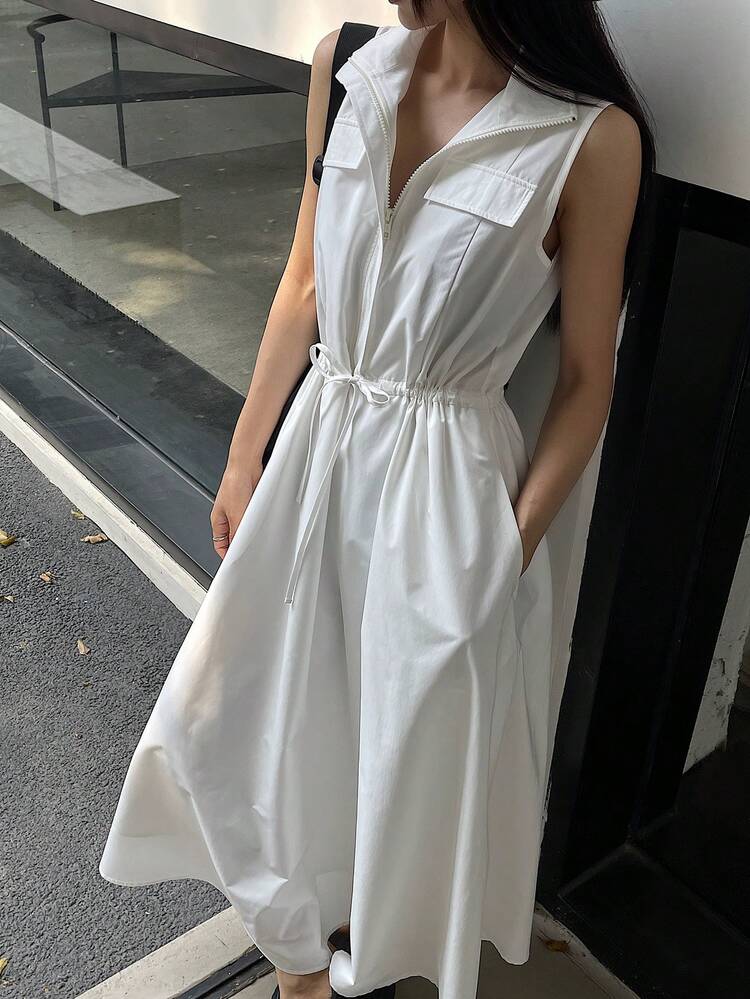 Women's Solid Color Zip-Up Half Placket Drawstring Waist Pocket Sleeveless Long Casual Dress