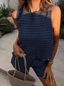 DAZY 女士条纹圆领背心和短裤休闲牛仔套装 - 深色水洗藍 - 查看 3