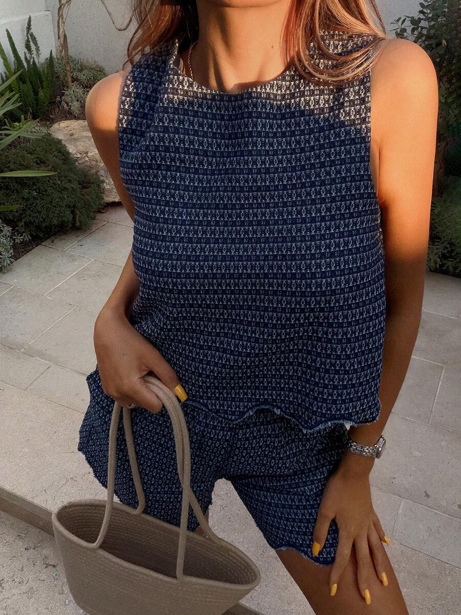 DAZY Women Striped Crew Neck Vest And Shorts Casual Denim Set - Dark Wash - View 1