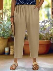EMERY ROSE 大码休闲纯色锥形裤 - 卡其色 - 查看 3