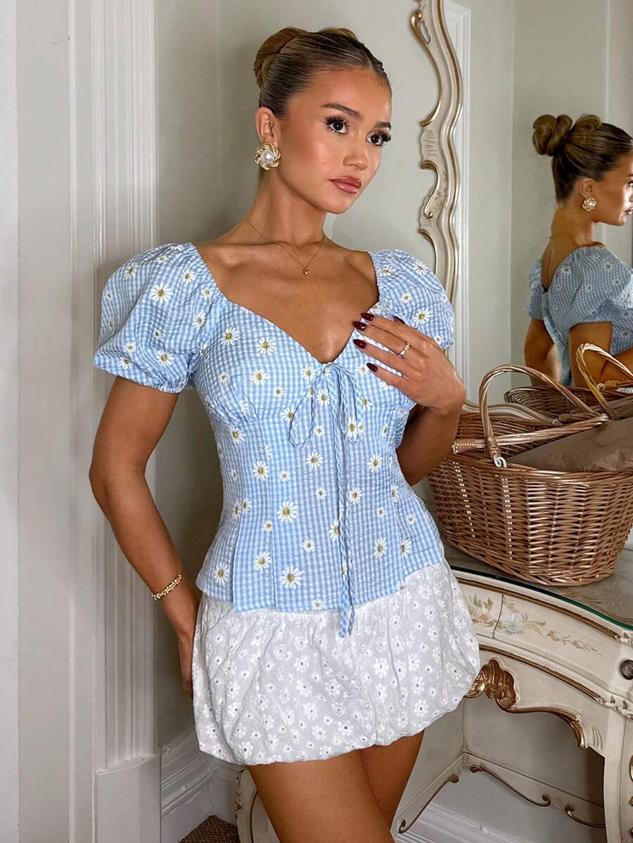 SHEIN Women's Casual Plaid Daisy Print Shirt, Summer French Style Blouse Daisy Print Blouse Blouses For Women Summer Women's Summer Outfits - Blue - View 1