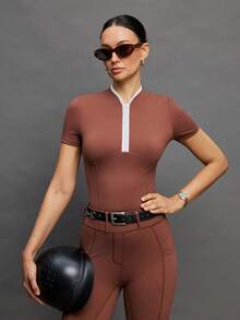 Activina 女士短袖拉链马术上衣 - 棕色 - 查看 7