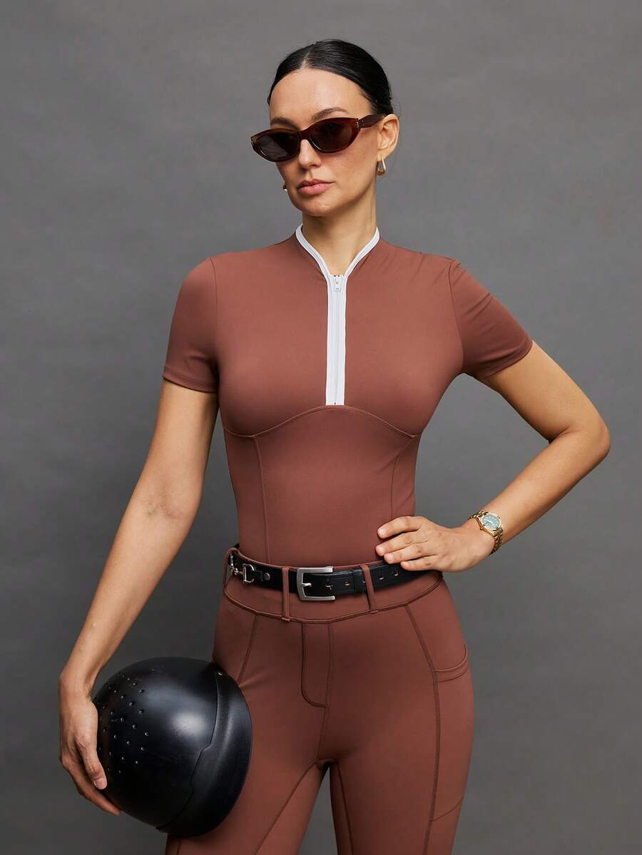 Activina Women's Short Sleeve Zip-Up Equestrian Top - Brown - View 1