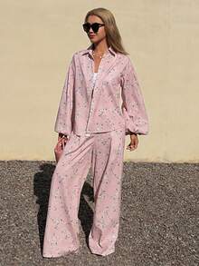 DAZY 女士优雅印花衬衫和阔腿裤两件套，春夏款 - 粉色 - 查看 5