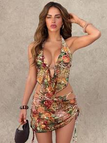 Swim Vcay Bộ bikini 3 mảnh gợi cảm họa tiết da báo, trang trí kim loại, kiểu buộc dây cổ sau, dành cho nữ, đồ bơi đi biển kèm áo khoác ngoài, bộ bikini liền thân kèm áo khoác ngoài, bộ bikini kín đáo dành cho nữ - Nhiều màu - Xem 4