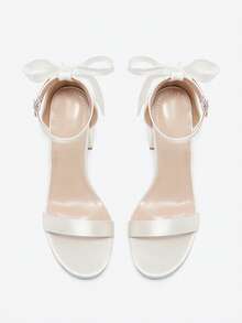 女士时尚珍珠蝴蝶结婚礼派对鞋，圆头性感白色超软皮革粗跟凉鞋，优雅简约设计高跟鞋 - 杏色 - 查看 6