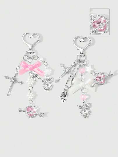 ROMWE Kawaii Bộ 2 móc khóa thời trang tinh tế, đa năng, đơn giản, giá trị cao, phong cách sinh viên, màu hồng acrylic đính nơ, ngọc trai giả, bông tuyết, hoa hồng, tai thỏ sáng màu, hình trái tim, mũi tên xuyên tim, đính đầy kim cương, hình thánh giá, thích hợp cho chị em gái và bạn gái sử dụng hàng ngày, quà tặng ngày lễ.