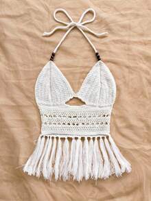 Soleia 大码女士假日串珠露背流苏针织上衣，适合约会、下午茶、海滩、邮轮、城市度假、婚礼季、音乐节、波西米亚风度假、狂欢节、夏季、女士度假、女士假日、女士海滩、狂欢节。 - 白色 - 查看 2